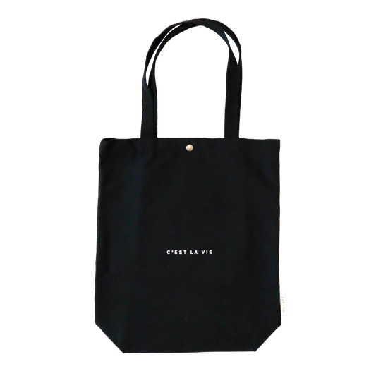 C'est La Vie Canvas Tote Bag with Pocket (Black)
