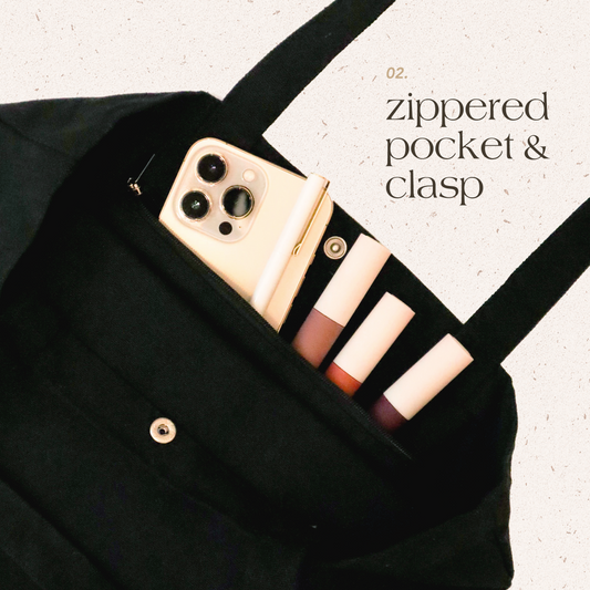 C'est La Vie Canvas Tote Bag with Pocket (Black)