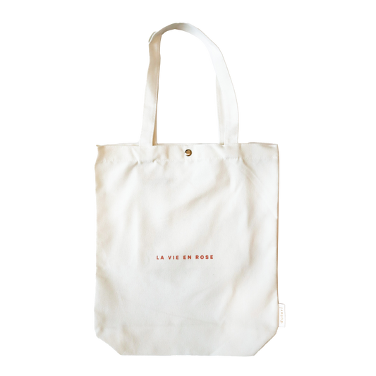 La Vie en Rose Canvas Tote Bag with Pocket (White)